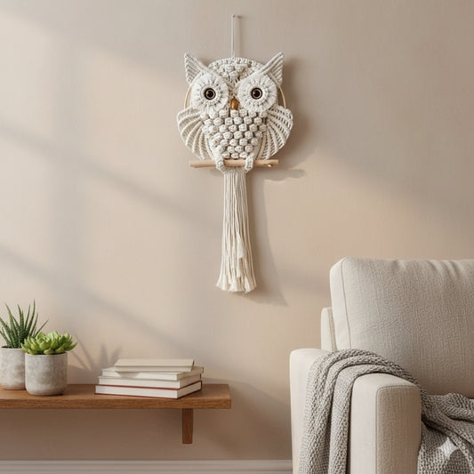 Macrame owl wall hanging on a neutral wall above a sofa with a small table and plants.