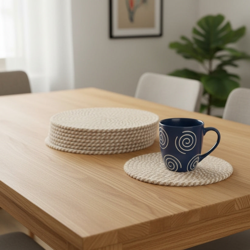 Beige & White Jute Coasters – Set of 6 Round Table Mats for Cups & Glasses (8 in) Style My Room