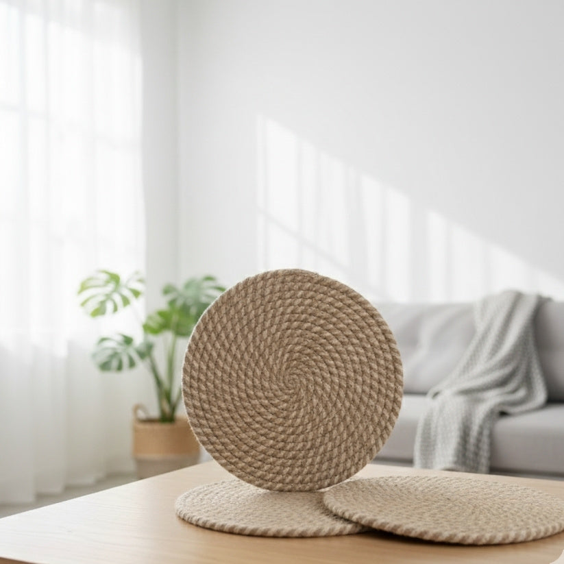 Beige & White Jute Coasters – Set of 6 Round Table Mats for Cups & Glasses (8 in) Style My Room