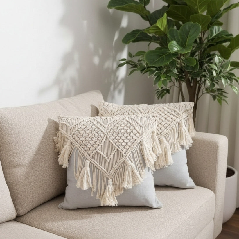Handmade Macrame Cotton Cushion Cover – 16x16 Boho Woven Throw Pillow Style My Room