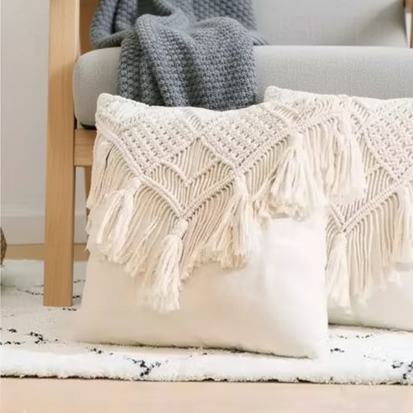 Handmade Macrame Cotton Cushion Cover – 16x16 Boho Woven Throw Pillow Style My Room