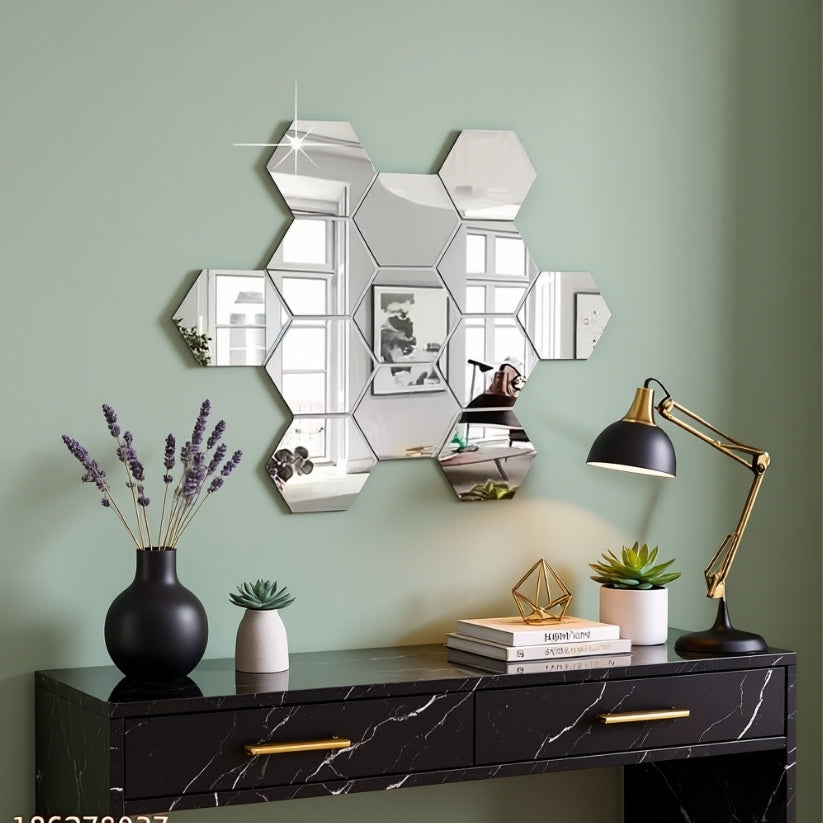 13 Hexagon Silver 3D Acrylic Mirror Wall Stickers – Decorative Wall Mirrors for Home & Office Style My Room