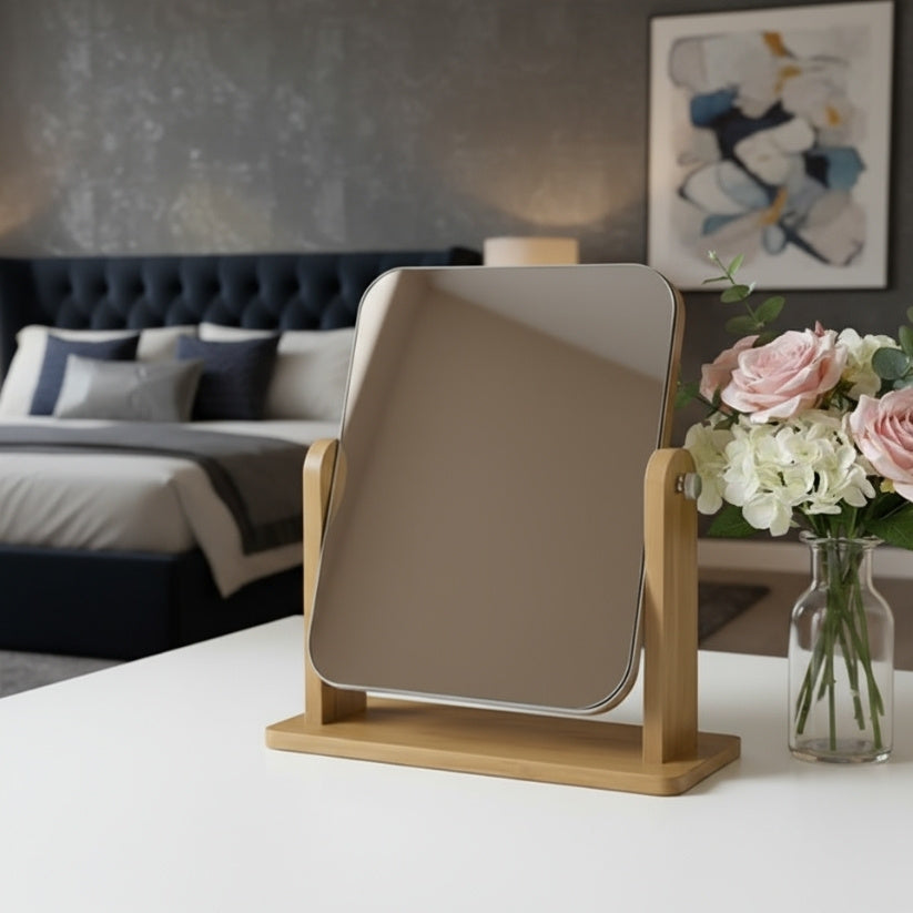 Wood Table Vanity Makeup Mirror – 360° Swivel Single-Sided High-Definition Tabletop Mirror Style My Room