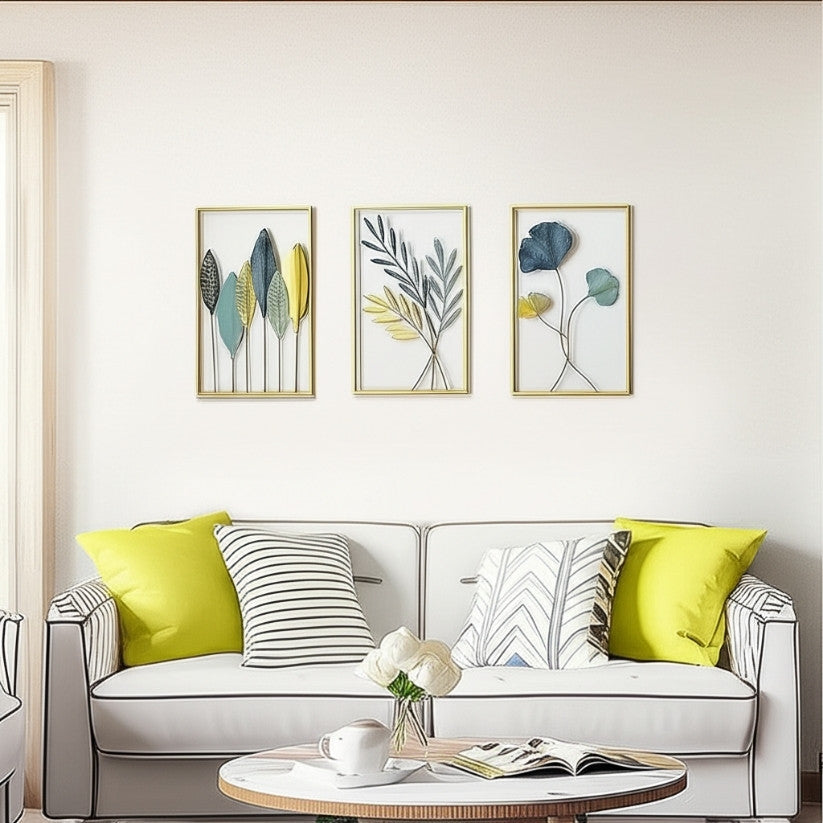 Modern living room with a white sofa, decorative pillows, and wall art.