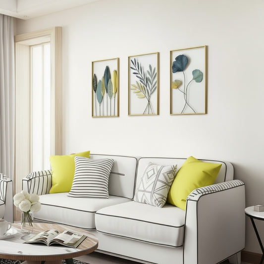 Modern living room with a gray sofa, yellow and patterned cushions, and framed botanical art on the wall.
