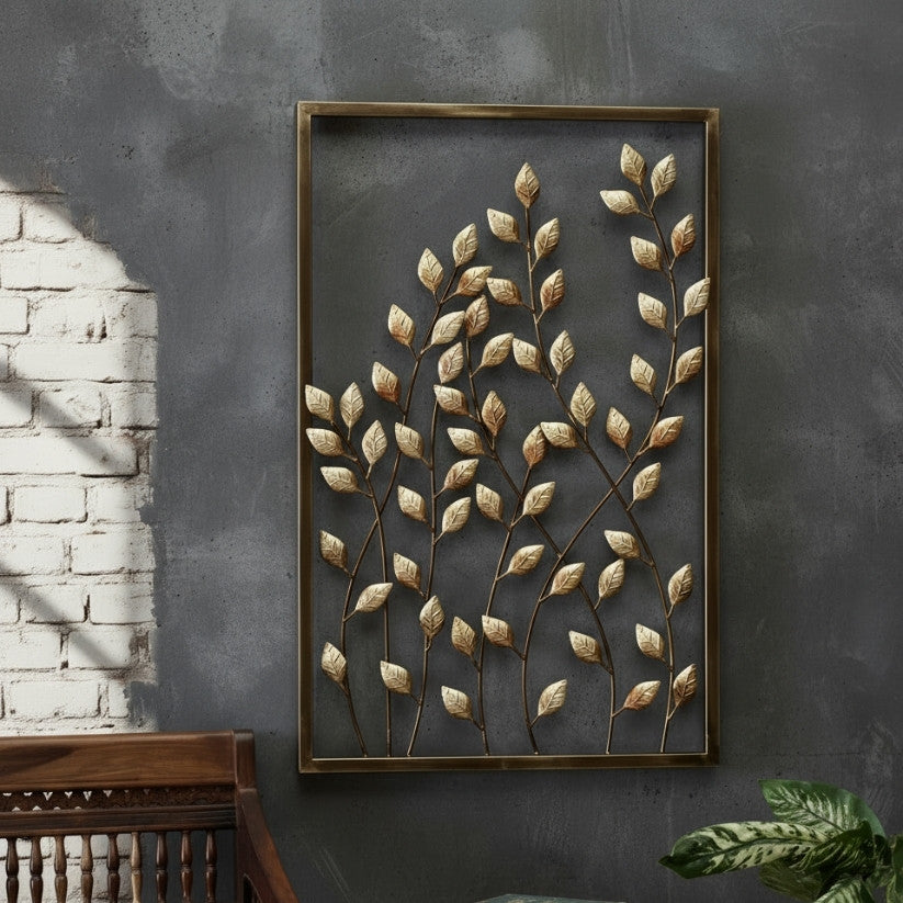 Decorative wall art with leaf pattern on a dark wall
