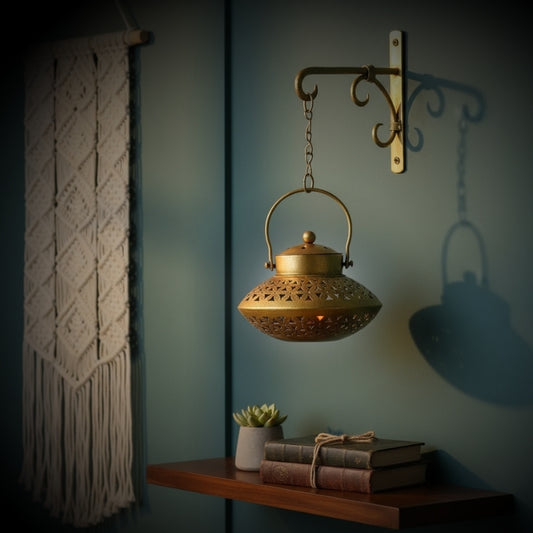 Decorative gold lantern hanging on a wall with books and a plant on a shelf below.
