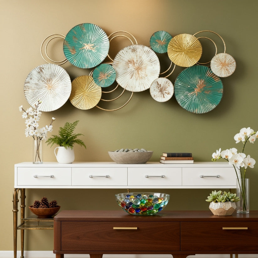 Decorative wall art with circular plates in a living room setting.