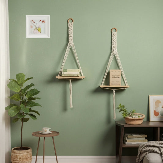 Boho Macrame Hanging Shelves – Set of 2 Wooden Floating Wall Organizers Style My Room