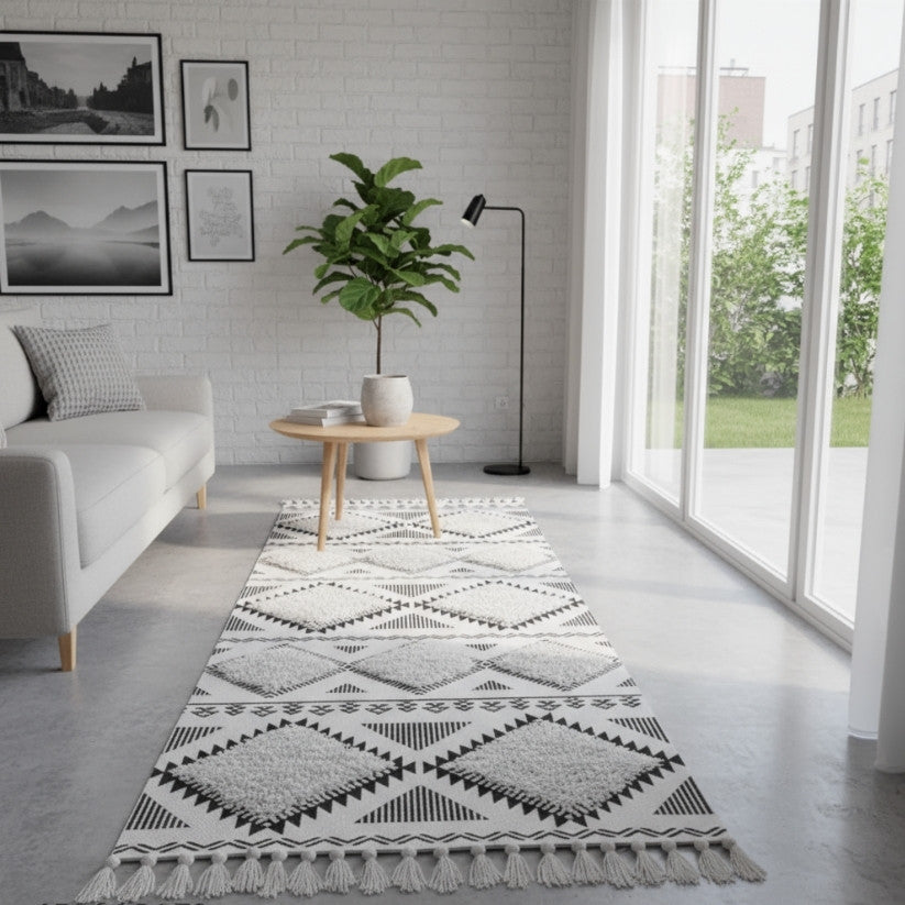 Hand Woven Tufted Cotton Runner Rug with Tassels β 2x5 ft Designer Bedside Carpet Style My Room