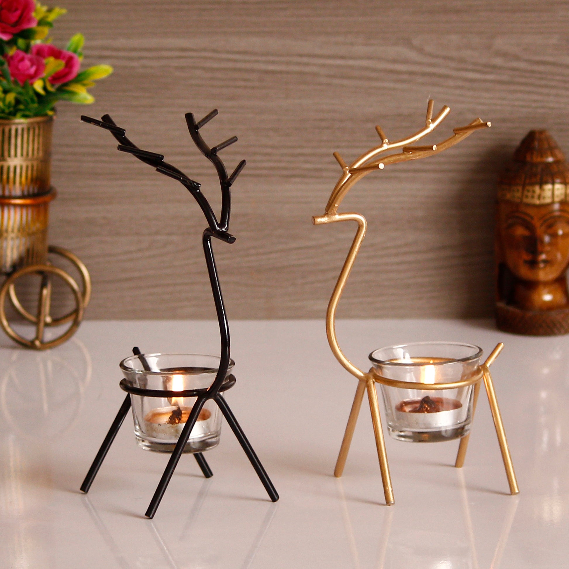 eCraftIndia Set of 2 Deer Shape Decorative Handcrafted Metal Tea Light Holder - Style My Room