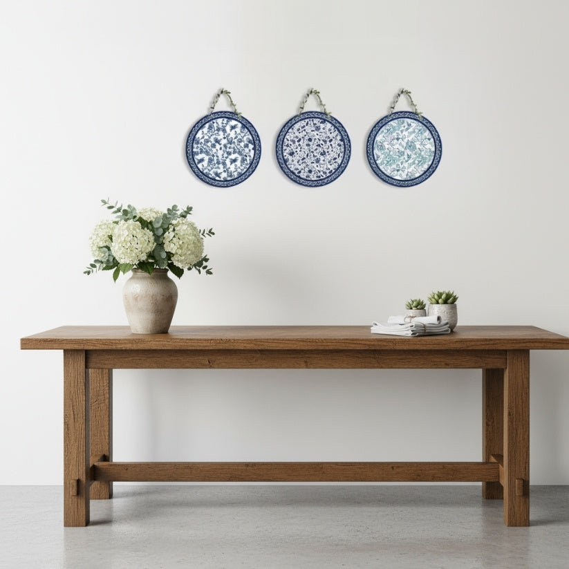 Wooden dining table with decorative plates on a white wall