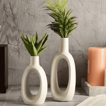 Ceramic Hollow Vase Set – Off-White Dotted 6.5" & 8.5" Table Décor Style My Room