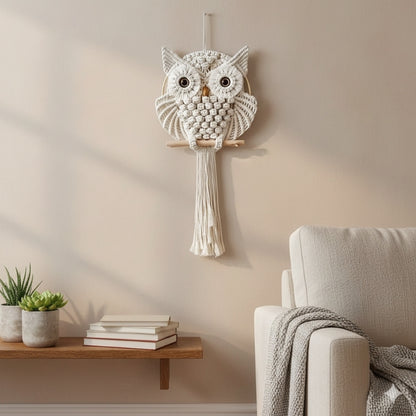 Macrame owl wall hanging on a neutral wall above a sofa with a small table and plants.