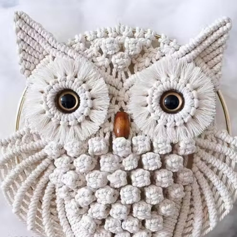 Macrame owl wall hanging with a neutral background