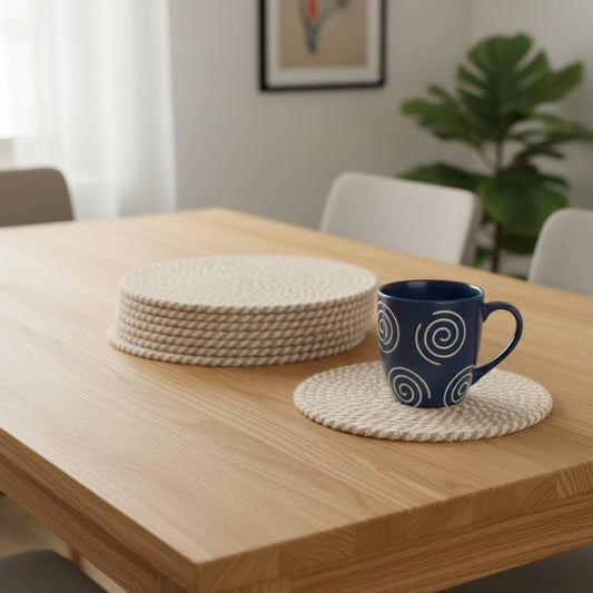 Beige & White Jute Coasters – Set of 6 Round Table Mats for Cups & Glasses (8 in) Style My Room