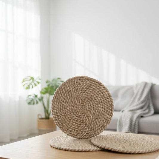 Beige & White Jute Coasters – Set of 6 Round Table Mats for Cups & Glasses (8 in) Style My Room