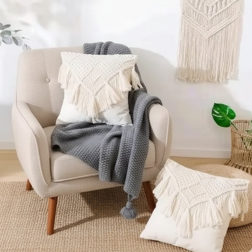 Handmade Macrame Cotton Cushion Cover – 16x16 Boho Woven Throw Pillow Style My Room