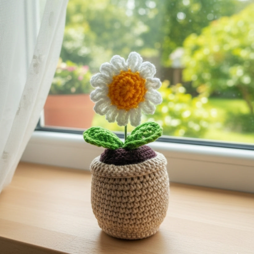 Handmade Crochet Sunflower & Daisy Potted Plant – Knitted Flower Décor Style My Room