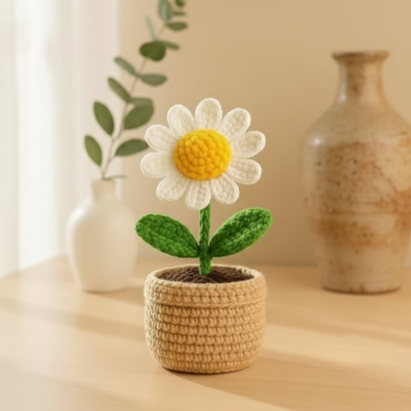 Handmade Crochet Sunflower & Daisy Potted Plant – Knitted Flower Décor Style My Room