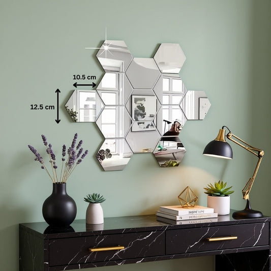 13 Hexagon Silver 3D Acrylic Mirror Wall Stickers – Decorative Wall Mirrors for Home & Office Style My Room