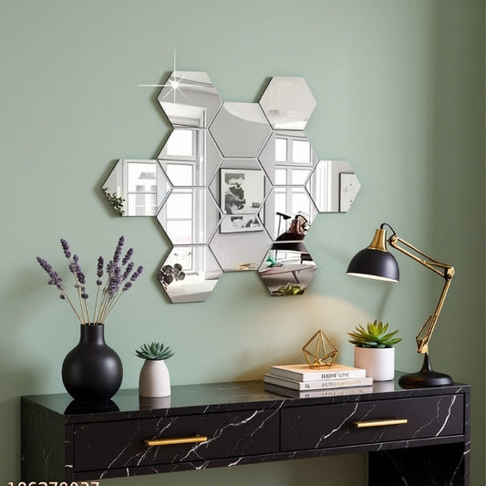 13 Hexagon Silver 3D Acrylic Mirror Wall Stickers – Decorative Wall Mirrors for Home & Office Style My Room