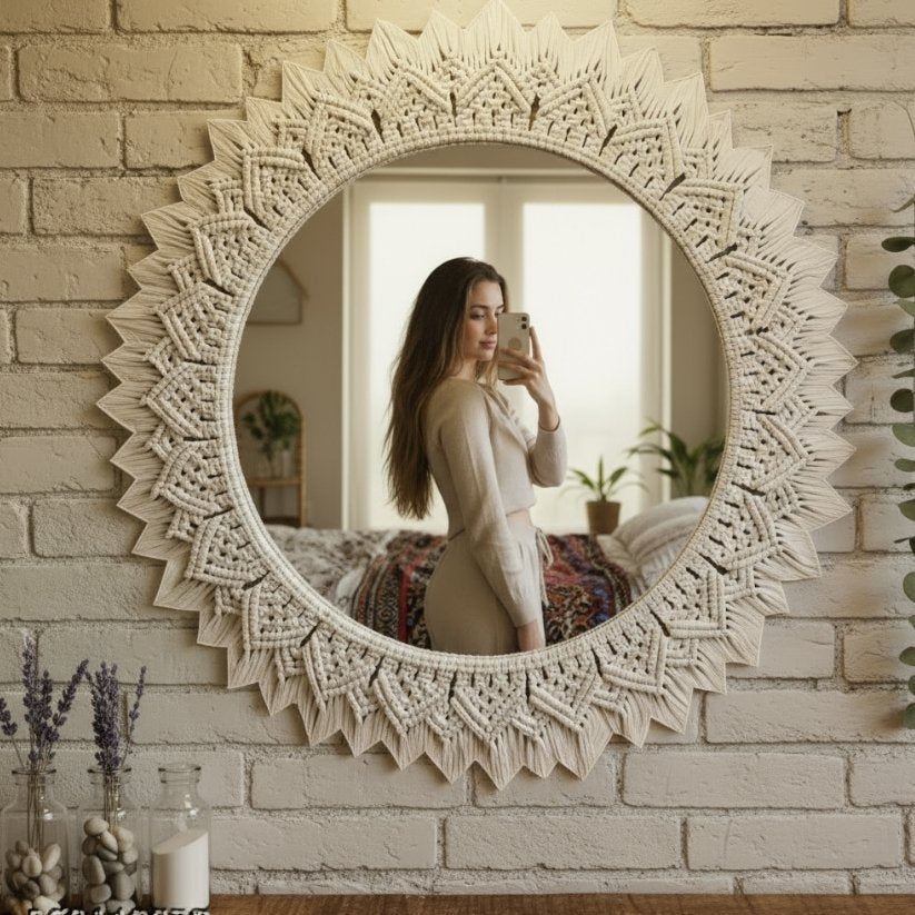 Boho Wall Decor Macrame Circle Hanging Mirror – Chic Bohemian Style for Bedroom, Living Room, Entryway, or Office Style My Room