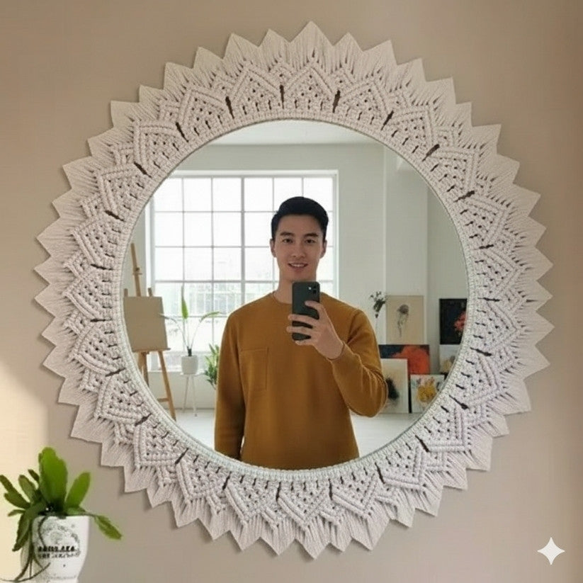 Boho Wall Decor Macrame Circle Hanging Mirror – Chic Bohemian Style for Bedroom, Living Room, Entryway, or Office Style My Room