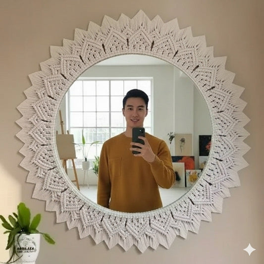 Boho Wall Decor Macrame Circle Hanging Mirror – Chic Bohemian Style for Bedroom, Living Room, Entryway, or Office Style My Room