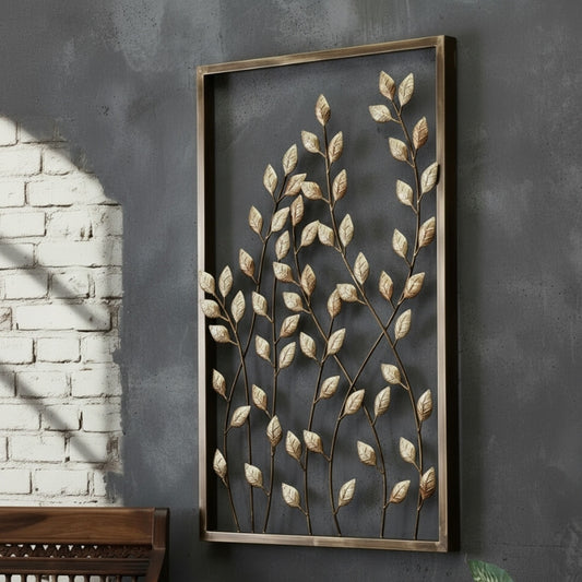 Decorative wall art with leaf pattern on a gray wall