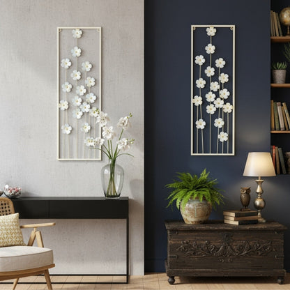 Decorative wall art with floral designs in a modern interior setting.