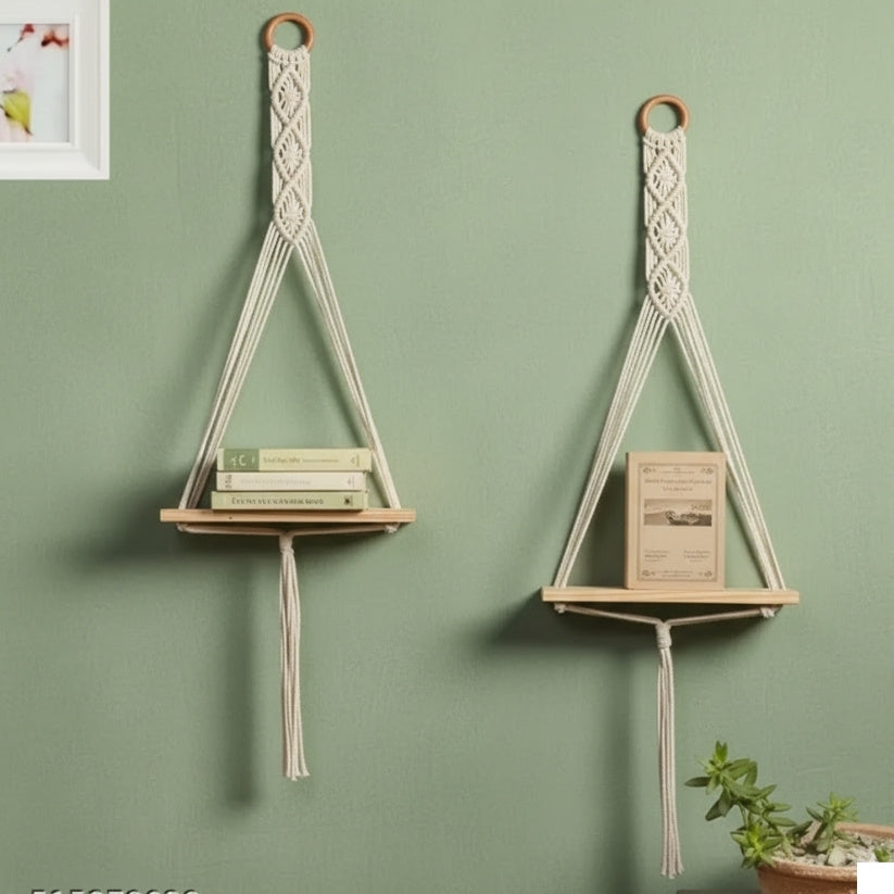 Boho Macrame Hanging Shelves – Set of 2 Wooden Floating Wall Organizers Style My Room