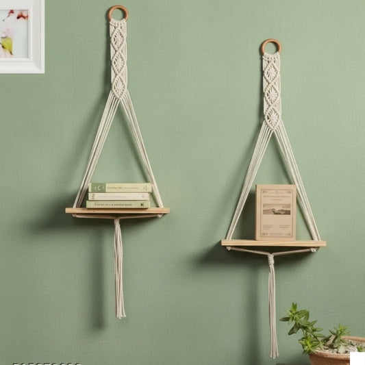 Boho Macrame Hanging Shelves – Set of 2 Wooden Floating Wall Organizers Style My Room