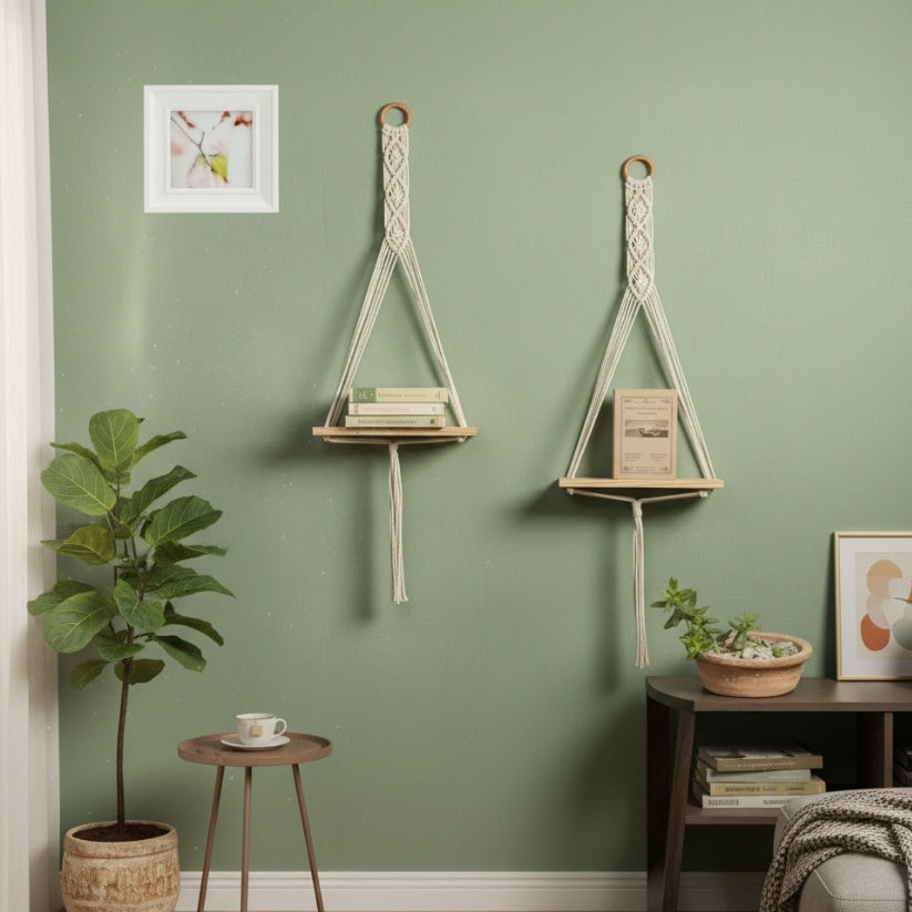 Boho Macrame Hanging Shelves – Set of 2 Wooden Floating Wall Organizers Style My Room