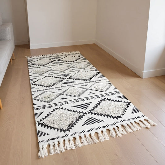 Hand Woven Tufted Cotton Runner Rug with Tassels – 2x5 ft Designer Bedside Carpet Style My Room