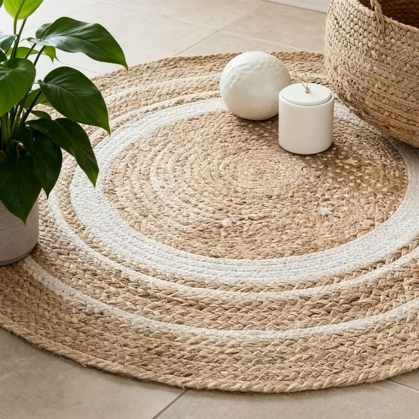 Round Jute Rug – Natural White Striped 60 cm Braided Floor Mat Style My Room